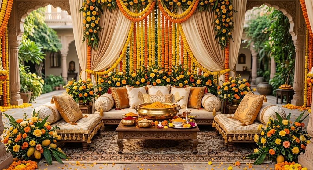 Haldi ceremony décor in marigold and ivory